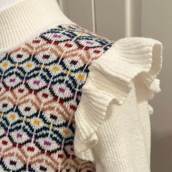 LOFT Cream Multicolor Patterned Ruffle Sleeve Sweater - Picture 2 of 3